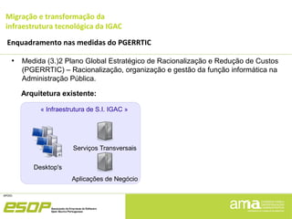 Migração e transformação da
infraestrutura tecnológica da IGAC
Enquadramento nas medidas do PGERRTIC
●
Medida (3.)2 Plano Global Estratégico de Racionalização e Redução de Custos
(PGERRTIC) – Racionalização, organização e gestão da função informática na
Administração Pública.
Arquitetura existente:
Desktop's
Serviços Transversais
Aplicações de Negócio
« Infraestrutura de S.I. IGAC »
 