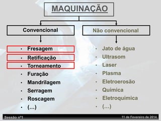 Sessão nº1 11 de Fevereiro de 2014
MAQUINAÇÃO
Não convencionalConvencional
• Torneamento
• Fresagem
• Retificação
• Furação
• Mandrilagem
• Serragem
• Roscagem
• (…)
• Jato de água
• Ultrasom
• Laser
• Plasma
• Eletroerosão
• Química
• Eletroquímica
• (…)
 