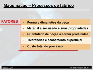 Sessão nº1 11 de Fevereiro de 2014
Maquinação – Processos de fabrico
• Forma e dimensões da peça
• Material a ser usado e suas propriedades
• Quantidade de peças a serem produzidas
• Tolerâncias e acabamento superficial
• Custo total do processo
FATORES
 