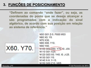 3. FUNÇÕES DE POSICIONAMENTO
“Definem ao comando “onde fazer”, ou seja, as
coordenadas do ponto que se deseja alcançar e
são programadas com a indicação do sinal
algébrico, de acordo com sua posição em relação
ao sistema de referência.”
Sessão nº1 11 de Fevereiro de 2014
 