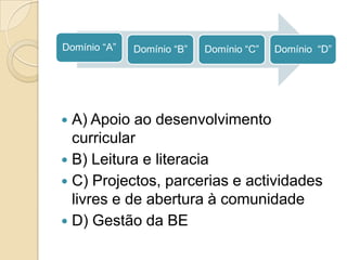 A) Apoio ao desenvolvimento curricularB) Leitura e literaciaC) Projectos, parcerias e actividades livres e de abertura à comunidadeD) Gestão da BE