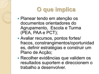 O que implicaPlanear tendo em atenção os documentos orientadores do Agrupamento,  Escola e Turma (PEA, PAA e PCT);Avaliar recursos, pontos fortes/ fracos, constrangimentos/oportunidades, definir estratégias e construir um Plano de Acção;Recolher evidências que validem os resultados suportem e direccionem o trabalho a desenvolver.