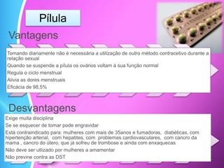 Pílula
Vantagens
Tomando diariamente não é necessária a utilização de outro método contracetivo durante a
relação sexual
Quando se suspende a pílula os ovários voltam à sua função normal
Regula o ciclo menstrual
Alivia as dores menstruais
Eficácia de 98,5%
Desvantagens
Exige muita disciplina
Se se esquecer de tomar pode engravidar
Está contraindicado para: mulheres com mais de 35anos e fumadoras, diabéticas, com
hipertenção arterial, com hepatites, com problemas cardiovasculares, com cancro da
mama , cancro do útero, que já sofreu de trombose e ainda com enxaquecas
Não deve ser utlizado por mulheres a amamentar
Não previne contra as DST
 