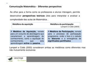 Fundamentação Teórica
Comunicação Matemática - Diferentes perspectivas
               Comunicação Matemática num contexto de resolução de problemas: Uma experiência com alunos do 9.º ano
Ao olhar para a forma como os professores e alunos interagem, permite
desenvolver perspectivas teóricas úteis para interpretar e analisar a
complexidade das aulas de Matemática .

  Metáfora da aquisição                                   Metáfora da participação
                                                                           Lampert e Cobb (2003)

 A Metáfora da Aquisição, remete      A Metáfora da Participação, remete
 para um conjunto de abordagens que   para o processo de participação
 caracterizam a aprendizagem do       progressiva, onde o foco é o estudo
 conhecimento, como a aquisição do    do discurso e a emergência de
 conhecimento,        que      esta   significados partilhados
 aprendizagem activa ou passiva.
CAPACIDADES TRANSVERSAIS AO ENSINO DA MATEMÁTICA
Lampert e Cobb (2003) consideram ambas as metáforas como diferentes mas
não mutuamente exclusivas
 