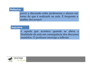 Reflexiva
         prevê a discussão entre professores e alunos em
         torno do que é realizado na aula. É frequente a
         análise dos porquês


 Instrutiva
            é aquela que acontece quando se altera a
            finalidade da aula em consequência dos discursos
            mantidos. O professor encoraja a reflexão
 