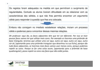 Os registos foram adequados na comunicar, resolvendo problemas
                Aprender a medida em que permitiram o surgimento de
                    Comunicação Matemática num contexto de resolução de problemas: Uma experiência com alunos do 9.º ano
regularidades. Contudo os alunos tiveram dificuldade em as relacionar com as
características dos sólidos, o que não lhes permitia encontrar um argumento
válido para responder à questão que lhes era colocada.


Embora não consigam no imediato estabelecer relações, iniciam um processo
válido e poderoso para o encontrar dessas mesmas relações.

Oh professor: aqui diz, as faces adjacentes têm que ter cor diferente. Por isso se tiver
poucas faces vamos ter que utilizar mais cores. Por exemplo se tivermos uma pirâmide de
base triangular, teremos que utilizar uma cor aqui, outra cor aqui, outra cor aqui, outra
cor ali, [apontando para uma pirâmide triangular que desenhou na sua ficha], porque são
tudo faces adjacentes, se tivermos mais faces vamos usar menos cores, porque podemos
repetir as cores. Porque se for uma coisa assim, [apontando para a pirâmide de base
quadrangular], posso repetir as cores nas faces que não estão juntas.
 