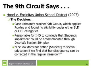 24
The 9th Circuit Says . . .
 Hood v. Encinitas Union School District (2007)
 The Decision:
 Case ultimately reached 9th Circuit, which applied
Rowley and found no eligibility under either SLD
or OHI categories
 Reasonable for IHO to conclude that Student’s
impairment could be accommodated through
District’s Section 504 plan
 “The law does not entitle [Student] to special
education if we find that her discrepancy can be
corrected in the regular classroom”
 