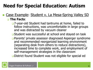 29
Need for Special Education: Autism
 Case Example: Student v. La Mesa-Spring Valley SD
 The Facts:
7-year-old Student had tantrums at home, failed to
follow instructions, was uncomfortable in large groups
and was distracted by vacuum cleaner
Student was successful at school and stayed on task
Parents’ private assessor diagnosed Asperger syndrome
and recommended reorganized learning environment
(separating desk from others to reduce distractions),
increased time to complete work, and employment of
self-management strategies in the classroom
District found Student was not eligible for special ed
 