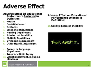 7
Adverse Effect
Adverse Effect on Educational
Performance Included in
Definition:
1. Autism
2. Deaf-Blindness
3. Deafness
4. Emotional Disturbance
5. Hearing Impairment
6. Intellectual Disability
7. Multiple Disabilities
8. Orthopedic Impairment
9. Other Health Impairment
11. Speech or Language
Impairment
12. Traumatic Brain Injury
13. Visual impairment, including
blindness
Adverse Effect on Educational
Performance Implied in
Definition:
10. Specific Learning Disability
 