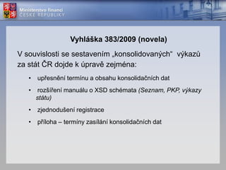 Zpřesnění účetního obrazu o hospodaření územně samosprávných celků a organizačních složek státuPrincip konsolidaceIndividuální hospodaření účetní jednotkyVzájemné vztahy (pohledávky, závazky, náklady, výnosy)AGREGACE ≠KONSOLIDACE