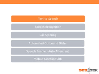 Text-to-Speech
Speech Recognition
Call Steering
Automated Outbound Dialer
Speech Enabled Auto Attendant
Mobile Assistant SDK

 