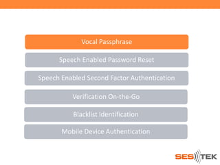 Vocal Passphrase
Speech Enabled Password Reset
Speech Enabled Second Factor Authentication
Verification On-the-Go
Blacklist Identification
Mobile Device Authentication

 