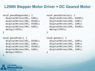 L298N Stepper Motor Driver + DC Geared Motor
void paraEsquerda() {!
digitalWrite(IN1, LOW);!
digitalWrite(IN2, HIGH);!
digitalWrite(IN3, HIGH);!
digitalWrite(IN4, LOW);!
delay(1000);!
}!
!
void paraTraz() {!
digitalWrite(IN1, HIGH);!
digitalWrite(IN2, LOW);!
digitalWrite(IN3, HIGH);!
digitalWrite(IN4, LOW);!
delay(1000);!
}!
void paraDireita() {!
digitalWrite(IN1, HIGH);!
digitalWrite(IN2, LOW);!
digitalWrite(IN3, LOW);!
digitalWrite(IN4, HIGH);!
delay(1000);!
}!
!
void parar() {!
digitalWrite(IN1, LOW);!
digitalWrite(IN2, LOW);!
digitalWrite(IN3, LOW);!
digitalWrite(IN4, LOW);!
}
 