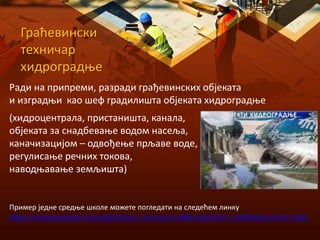 Граћевински
техничар
хидроградње
Пример једне средње школе можете погледати на следећем линку
https://www.youtube.com/watch?time_continue=126&v=kpZc3Um_iiU&feature=emb_logo
Ради на припреми, разради грађевинских објеката
и изградњи као шеф градилишта објеката хидроградње
(хидроцентрала, пристаништа, канала,
објеката за снадбевање водом насеља,
каначизацијом – одвођење прљаве воде,
регулисање речних токова,
наводњавање земљишта)
 