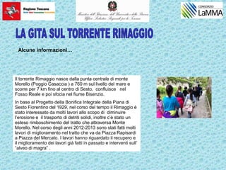 Il torrente Rimaggio nasce dalla punta centrale di monte
Morello (Poggio Casaccia ) a 760 m sul livello del mare e
scorre per 7 km fino al centro di Sesto, confluisce nel
Fosso Reale e poi sfocia nel fiume Bisenzio.
In base al Progetto della Bonifica Integrale della Piana di
Sesto Fiorentino del 1929, nel corso del tempo il Rimaggio è
stato interessato da molti lavori allo scopo di diminuire
l’erosione e il trasporto di detriti solidi, inoltre c’è stato un
esteso rimboschimento del tratto che attraversa Monte
Morello. Nel corso degli anni 2012-2013 sono stati fatti molti
lavori di miglioramento nel tratto che va da Piazza Rapisardi
a Piazza del Mercato. I lavori hanno riguardato il recupero e
il miglioramento dei lavori già fatti in passato e interventi sull’
“alveo di magra” .
Alcune informazioni…
 
