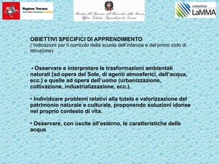 OBIETTIVI SPECIFICI DI APPRENDIMENTO
( Indicazioni per il curricolo della scuola dell’infanzia e del primo ciclo di
istruzione)
• Osservare e interpretare le trasformazioni ambientali
naturali (ad opera del Sole, di agenti atmosferici, dell’acqua,
ecc.) e quelle ad opera dell’uomo (urbanizzazione,
coltivazione, industrializzazione, ecc.).
• Individuare problemi relativi alla tutela e valorizzazione del
patrimonio naturale e culturale, proponendo soluzioni idonee
nel proprio contesto di vita.
• Osservare, con uscite all’esterno, le caratteristiche delle
acque
 