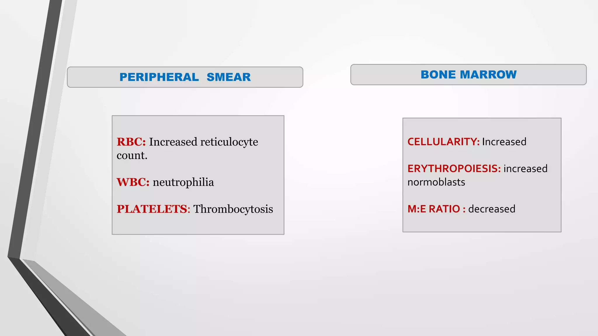 RBC: Increased reticulocyte
count.
WBC: neutrophilia
PLATELETS: Thrombocytosis
CELLULARITY: Increased
ERYTHROPOIESIS: increased
normoblasts
M:E RATIO : decreased
PERIPHERAL SMEAR BONE MARROW
 