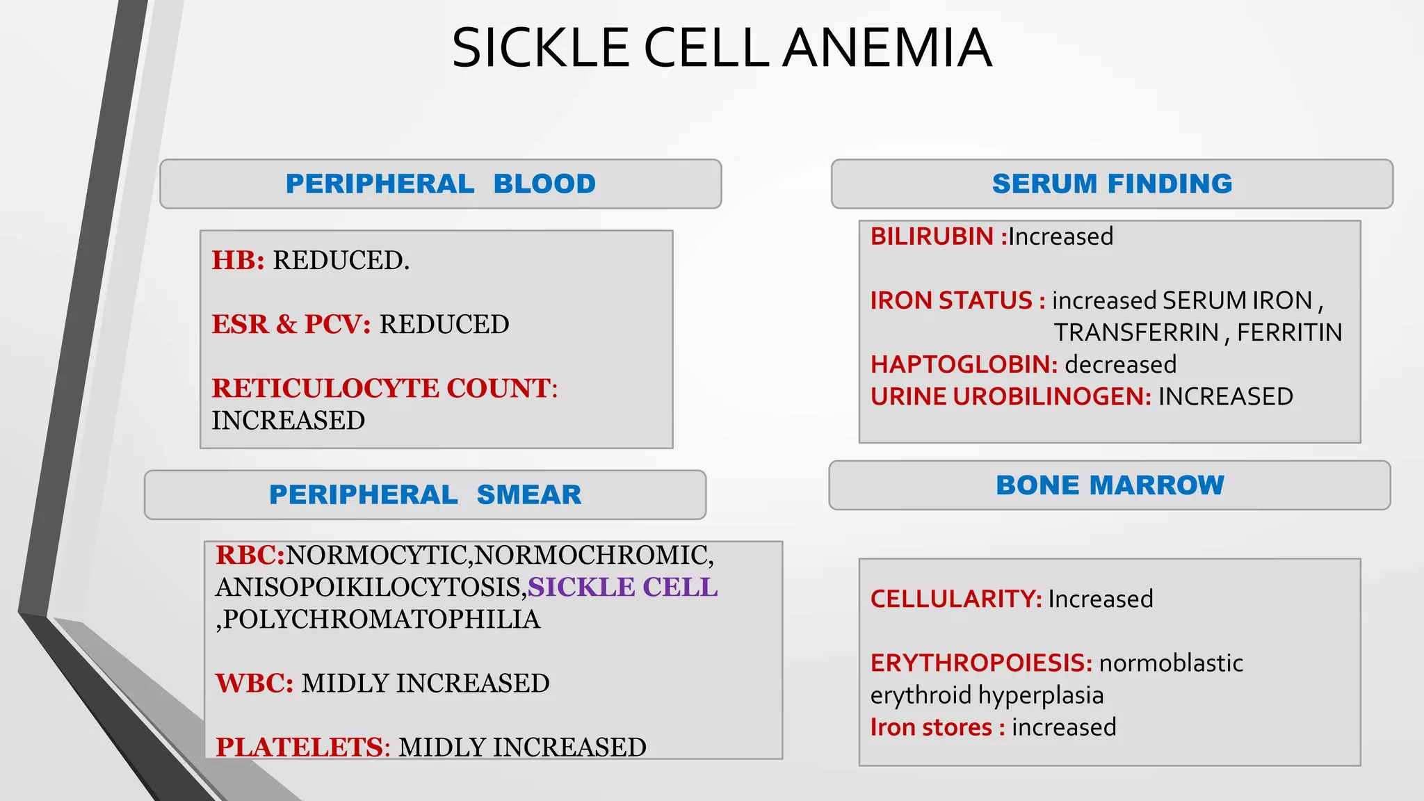 SICKLE CELL ANEMIA
PERIPHERAL BLOOD SERUM FINDING
PERIPHERAL SMEAR BONE MARROW
HB: REDUCED.
ESR & PCV: REDUCED
RETICULOCYTE COUNT:
INCREASED
BILIRUBIN :Increased
IRON STATUS : increased SERUM IRON ,
TRANSFERRIN , FERRITIN
HAPTOGLOBIN: decreased
URINE UROBILINOGEN: INCREASED
RBC:NORMOCYTIC,NORMOCHROMIC,
ANISOPOIKILOCYTOSIS,SICKLE CELL
,POLYCHROMATOPHILIA
WBC: MIDLY INCREASED
PLATELETS: MIDLY INCREASED
CELLULARITY: Increased
ERYTHROPOIESIS: normoblastic
erythroid hyperplasia
Iron stores : increased
 
