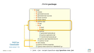./mvnw package
FASTJar
Classloader
(since version 1.12)
> java -jar target/quarkus-app/quarkus-run.jar
 