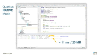 ~ 11 ms / 25 MB
Quarkus
NATIVE
Mode
 