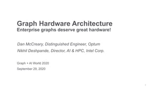1
Graph Hardware Architecture
Enterprise graphs deserve great hardware!
Dan McCreary, Distinguished Engineer, Optum
Nikhil Deshpande, Director, AI & HPC, Intel Corp.
Graph + AI World 2020
September 29, 2020
 