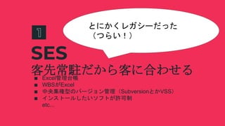 SES
∎ Excel管理台帳
∎ WBSがExcel
∎ 中央集権型のバージョン管理（SubversionとかVSS）
∎ インストールしたいソフトが許可制
etc...
客先常駐だから客に合わせる
とにかくレガシーだった
（つらい！）
 