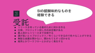 受託∎ リリースを待っている客のために何かを作る
∎ 仕様、プロジェクト回し方の決定権がある
∎ 最上流からリリースまで全部やる
∎ 運が良いと４プロジェクト／年くらいできるので色々なことができる
∎ 無駄な会議を開かない、開かれてもすっぽかせる
∎ 雑用とかワークフローとかがよく発生する
SIの醍醐味的なものを
経験できる
 