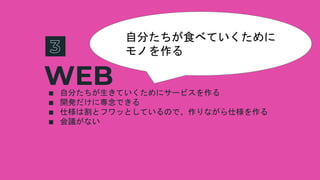 WEB∎ 自分たちが生きていくためにサービスを作る
∎ 開発だけに専念できる
∎ 仕様は割とフワッとしているので、作りながら仕様を作る
∎ 会議がない
自分たちが食べていくために
モノを作る
 