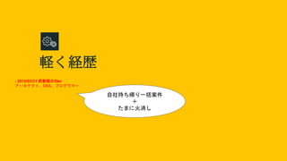 軽く経歴
- 2015/03/31 西新宿のSIer
アーキテクト、DBA、プログラマー
自社持ち帰り一括案件
＋
たまに火消し
 