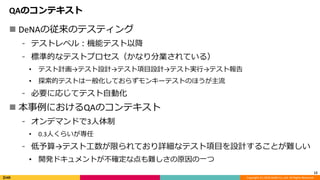 Copyright (C) 2018 DeNA Co.,Ltd. All Rights Reserved.
QAのコンテキスト
 DeNAの従来のテスティング
⁃ テストレベル：機能テスト以降
⁃ 標準的なテストプロセス（かなり分業されている）
• テスト計画→テスト設計→テスト項目設計→テスト実行→テスト報告
• 探索的テストは一般化しておらずモンキーテストのほうが主流
⁃ 必要に応じてテスト自動化
 本事例におけるQAのコンテキスト
⁃ オンデマンドで3人体制
• 0.3人くらいが専任
⁃ 低予算→テスト工数が限られており詳細なテスト項目を設計することが難しい
• 開発ドキュメントが不確定な点も難しさの原因の一つ
12
 