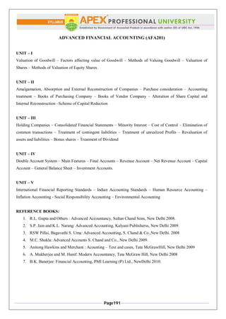 Page191
ADVANCED FINANCIAL ACCOUNTING (AFA201)
UNIT – I
Valuation of Goodwill – Factors affecting value of Goodwill – Methods of Valuing Goodwill – Valuation of
Shares – Methods of Valuation of Equity Shares.
UNIT – II
Amalgamation, Absorption and External Reconstruction of Companies – Purchase consideration – Accounting
treatment – Books of Purchasing Company – Books of Vendor Company – Alteration of Share Capital and
Internal Reconstruction –Scheme of Capital Reduction
UNIT – III
Holding Companies – Consolidated Financial Statements – Minority Interest – Cost of Control – Elimination of
common transactions – Treatment of contingent liabilities – Treatment of unrealized Profits – Revaluation of
assets and liabilities – Bonus shares – Treatment of Dividend
UNIT – IV
Double Account System – Main Features – Final Accounts – Revenue Account – Net Revenue Account – Capital
Account – General Balance Sheet – Investment Accounts.
UNIT – V
International Financial Reporting Standards – Indian Accounting Standards – Human Resource Accounting –
Inflation Accounting - Social Responsibility Accounting – Environmental Accounting
REFERENCE BOOKS:
1. R.L. Gupta and Others : Advanced Accountancy, Sultan Chand Sons, New Delhi 2008.
2. S.P. Jain and K.L. Narang: Advanced Accounting, Kalyani Publisherss, New Delhi 2009.
3. RSW Pillai, Bagavathi S. Uma: Advanced Accounting, S. Chand & Co.,New Delhi. 2008
4. M.C. Shukla: Advanced Accounts S. Chand and Co., New Delhi 2009.
5. Anitong Hawkins and Merchant : Acounting – Text and cases, Tata McGrawHill, New Delhi 2009
6. A. Mukherjee and M. Hanif: Modern Accountancy, Tata McGraw Hill, New Delhi 2008
7. B.K. Banerjee: Financial Accounting, PMI Learning (P) Ltd., NewDelhi 2010.
 
