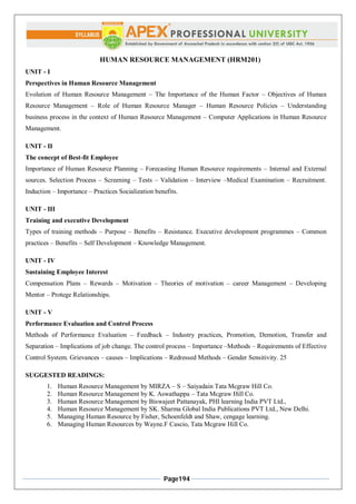 Page194
HUMAN RESOURCE MANAGEMENT (HRM201)
UNIT - I
Perspectives in Human Resource Management
Evolution of Human Resource Management – The Importance of the Human Factor – Objectives of Human
Resource Management – Role of Human Resource Manager – Human Resource Policies – Understanding
business process in the context of Human Resource Management – Computer Applications in Human Resource
Management.
UNIT - II
The concept of Best-fit Employee
Importance of Human Resource Planning – Forecasting Human Resource requirements – Internal and External
sources. Selection Process – Screening – Tests – Validation – Interview –Medical Examination – Recruitment.
Induction – Importance – Practices Socialization benefits.
UNIT - III
Training and executive Development
Types of training methods – Purpose – Benefits – Resistance. Executive development programmes – Common
practices – Benefits – Self Development – Knowledge Management.
UNIT - IV
Sustaining Employee Interest
Compensation Plans – Rewards – Motivation – Theories of motivation – career Management – Developing
Mentor – Protege Relationships.
UNIT - V
Performance Evaluation and Control Process
Methods of Performance Evaluation – Feedback – Industry practices, Promotion, Demotion, Transfer and
Separation – Implications of job change. The control process – Importance –Methods – Requirements of Effective
Control System. Grievances – causes – Implications – Redressed Methods – Gender Sensitivity. 25
SUGGESTED READINGS:
1. Human Resource Management by MIRZA – S – Saiyadain Tata Mcgraw Hill Co.
2. Human Resource Management by K. Aswathappa – Tata Mcgraw Hill Co.
3. Human Resource Management by Biswajeet Pattanayak, PHI learning India PVT Ltd.,
4. Human Resource Management by SK. Sharma Global India Publications PVT Ltd., New Delhi.
5. Managing Human Resource by Fisher, Schoenfeldt and Shaw, cengage learning.
6. Managing Human Resources by Wayne.F Cascio, Tata Mcgraw Hill Co.
 