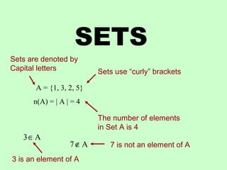 SETS
A = {1, 3, 2, 5}
n(A) = | A | = 4
Sets use “curly” brackets
The number of elements
in Set A is 4
Sets are denoted by
Capital letters
A3∈
A7∉
3 is an element of A
7 is not an element of A
 