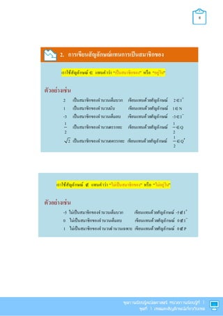 8
2. การเขียนสัญลักษณ์แทนการเป็นสมาชิกของ
เราใช้สัญลักษณ์  แทนคําว่า “เป็นสมาชิกของ” หรือ “อยู่ใน”
ตัวอย่างเช่น
2 เป็นสมาชิกของจํานวนเต็มบวก เขียนแทนด้วยสัญลักษณ์ 2 I

1 เป็นสมาชิกของจํานวนนับ เขียนแทนด้วยสัญลักษณ์ 1 N
-3 เป็นสมาชิกของจํานวนเต็มลบ เขียนแทนด้วยสัญลักษณ์ -3 I

1
2
เป็นสมาชิกของจํานวนตรรกยะ เขียนแทนด้วยสัญลักษณ์
1
Q
2

2 เป็นสมาชิกของจํานวนอตรรกยะ เขียนแทนด้วยสัญลักษณ์
1
Q
2

เราใช้สัญลักษณ์  แทนคําว่า “ไม่เป็นสมาชิกของ” หรือ “ไม่อยู่ใน”
ตัวอย่างเช่น
-5 ไม่เป็นสมาชิกของจํานวนเต็มบวก เขียนแทนด้วยสัญลักษณ์ -5 I

0 ไม่เป็นสมาชิกของจํานวนเต็มลบ เขียนแทนด้วยสัญลักษณ์ 0 I

1 ไม่เป็นสมาชิกของจํานวนจํานวนเฉพาะ เขียนแทนด้วยสัญลักษณ์ 0 P
 