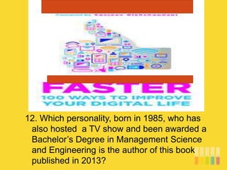 12. Which personality, born in 1985, who has
also hosted a TV show and been awarded a
Bachelor’s Degree in Management Science
and Engineering is the author of this book
published in 2013?
 