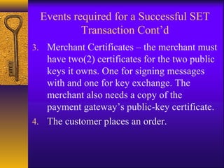 3. Merchant Certificates – the merchant must
have two(2) certificates for the two public
keys it owns. One for signing messages
with and one for key exchange. The
merchant also needs a copy of the
payment gateway’s public-key certificate.
4. The customer places an order.
Events required for a Successful SET
Transaction Cont’d
 