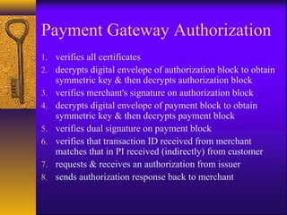 Payment Gateway Authorization
1. verifies all certificates
2. decrypts digital envelope of authorization block to obtain
symmetric key & then decrypts authorization block
3. verifies merchant's signature on authorization block
4. decrypts digital envelope of payment block to obtain
symmetric key & then decrypts payment block
5. verifies dual signature on payment block
6. verifies that transaction ID received from merchant
matches that in PI received (indirectly) from customer
7. requests & receives an authorization from issuer
8. sends authorization response back to merchant
 