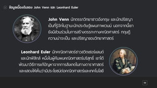 50
ข้อมูลเบื้องต้นของ John Venn และ Leonhard Euler
John Venn นักตรรกวิทยาชาวอังกฤษ และนักปรัชญา
เป็นที่รู้จักในฐานะนักประดิษฐ์แผนภาพเวนน์ นอกจากนี้เขา
ยังมีส่วนร่วมในการสร้างตรรกะทางคณิตศาสตร์ ทฤษฎี
ความน่าจะเป็น และปรัชญาของวิทยาศาสตร์
Leonhard Euler นักคณิตศาสตร์ชาวสวิตเซอร์แลนด์
และนักฟิสิกส์ หนึ่งในผู้ค้นพบคณิตศาสตร์บริสุทธิ์ เขาได้
พัฒนาวิธีการแก้ปัญหาจากการสังเกตในทางดาราศาสตร์
และแสดงให้เห็นว่ามีประโยชน์ต่อคณิตศาสตร์และเทคโนโลยี
 