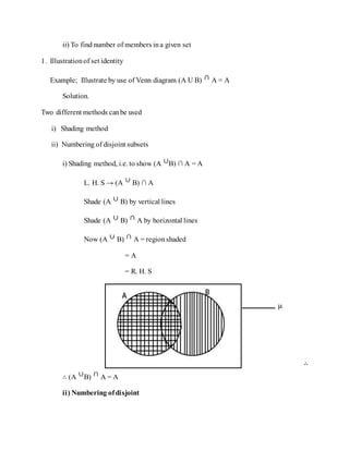 ii) To find number of members ina given set
1. Illustrationof set identity
Example; Illustrate by use of Venn diagram (A U B) A = A
Solution.
Two different methods canbe used
i) Shading method
ii) Numbering of disjoint subsets
i) Shading method, i.e. to show (A B) ∩ A = A
L. H. S → (A B) ∩ A
Shade (A B) by vertical lines
Shade (A B) A by horizontal lines
Now (A B) A = regionshaded
= A
= R. H. S
∴ (A B) A = A
ii) Numbering ofdisjoint
 
