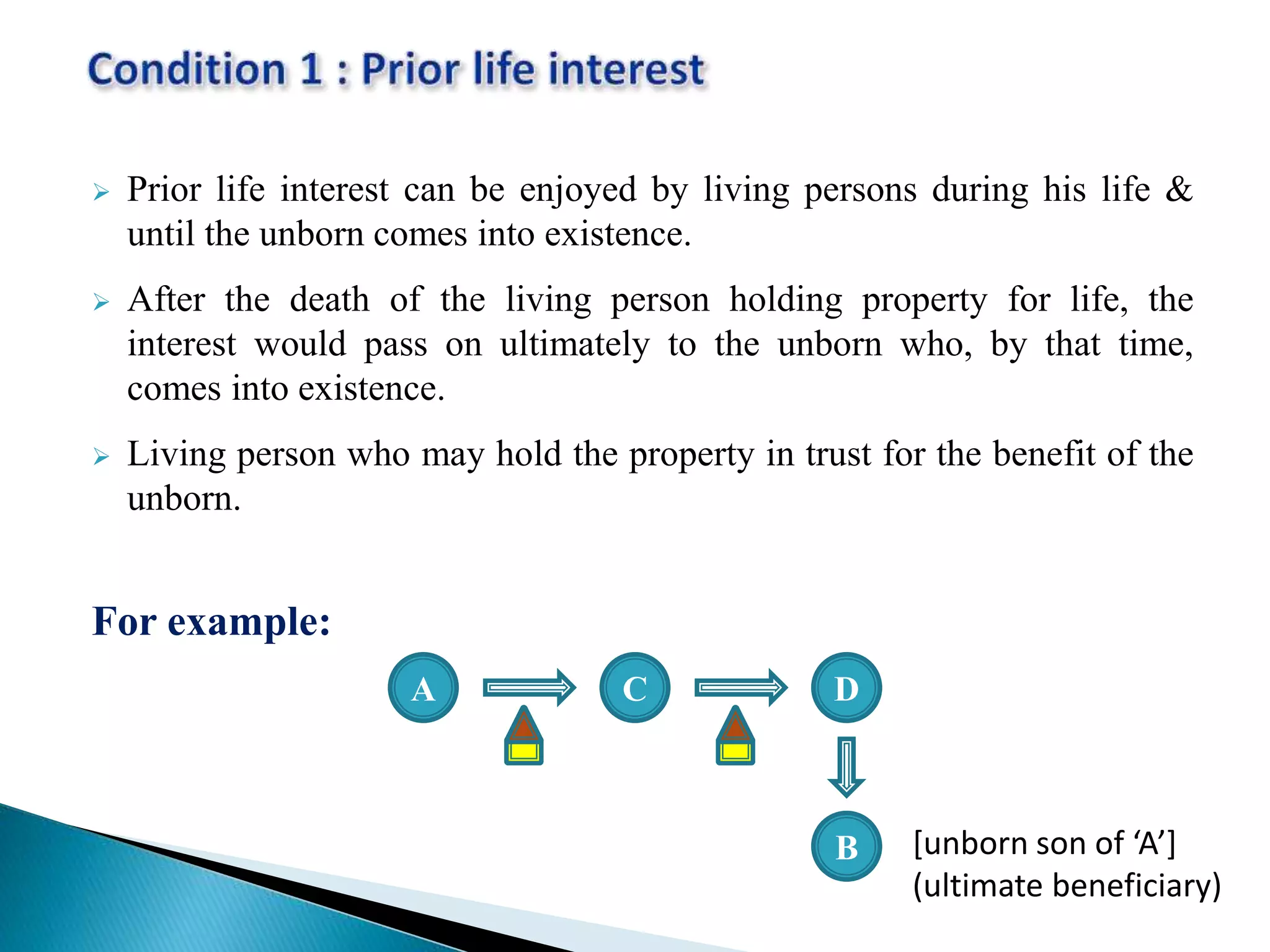  Prior life interest can be enjoyed by living persons during his life &
until the unborn comes into existence.
 After the death of the living person holding property for life, the
interest would pass on ultimately to the unborn who, by that time,
comes into existence.
 Living person who may hold the property in trust for the benefit of the
unborn.
For example:
A C D
B [unborn son of ‘A’]
(ultimate beneficiary)
 