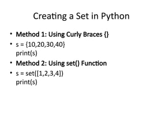 Set of python programming list,set, tuppple | PPTX