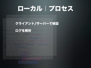 ローカル｜プロセス
QUERY ([顧客];[顧客]Category="A")
CREATE SET ([顧客];"$catA")
QUERY ([顧客];[顧客]Category#"A";*)
QUERY ([顧客];[顧客]Type="B")
CREATE SET ([顧客];"$typeB")
UNION ("$catA";"$typeB";"$result")
USE SET ("$result")
CLEAR SET ("$result")
CLEAR SET ("$catA")
CLEAR SET ("$typeB")
ローカルセット
QUERY ([顧客];[顧客]Category="A")
CREATE SET ([顧客];"catA")
QUERY ([顧客];[顧客]Category#"A";*)
QUERY ([顧客];[顧客]Type="B")
CREATE SET ([顧客];"typeB")
UNION ("catA";"typeB";"result")
USE SET ("result")
CLEAR SET ("result")
CLEAR SET ("catA")
CLEAR SET ("typeB")
プロセスセット
クライアント/サーバーで検証
ログを解析
 