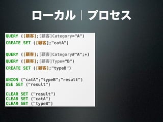 QUERY ([顧客];[顧客]Category="A")
CREATE SET ([顧客];"catA")
QUERY ([顧客];[顧客]Category#"A";*)
QUERY ([顧客];[顧客]Type="B")
CREATE SET ([顧客];"typeB")
UNION ("catA";"typeB";"result")
USE SET ("result")
CLEAR SET ("result")
CLEAR SET ("catA")
CLEAR SET ("typeB")
ローカル｜プロセス
 