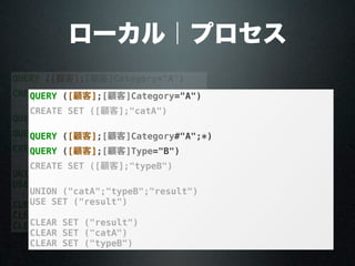 QUERY ([顧客];[顧客]Category="A")
CREATE SET ([顧客];"catA")
QUERY ([顧客];[顧客]Category#"A";*)
QUERY ([顧客];[顧客]Type="B")
CREATE SET ([顧客];"typeB")
UNION ("catA";"typeB";"result")
USE SET ("result")
CLEAR SET ("result")
CLEAR SET ("catA")
CLEAR SET ("typeB")
ローカル｜プロセス
QUERY ([顧客];[顧客]Category="A")
CREATE SET ([顧客];"catA")
QUERY ([顧客];[顧客]Category#"A";*)
QUERY ([顧客];[顧客]Type="B")
CREATE SET ([顧客];"typeB")
UNION ("catA";"typeB";"result")
USE SET ("result")
CLEAR SET ("result")
CLEAR SET ("catA")
CLEAR SET ("typeB")
 