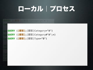 QUERY ([顧客];[顧客]Category="A")
CREATE SET ([顧客];"catA")
QUERY ([顧客];[顧客]Category#"A";*)
QUERY ([顧客];[顧客]Type="B")
CREATE SET ([顧客];"typeB")
UNION ("catA";"typeB";"result")
USE SET ("result")
CLEAR SET ("result")
CLEAR SET ("catA")
CLEAR SET ("typeB")
ローカル｜プロセス
DESCRIBE QUERY EXECUTION (True)
QUERY ([顧客];[顧客]Category="A")
QUERY ([顧客];[顧客]Category#"A";*)
QUERY ([顧客];[顧客]Type="B")
$path:=Get last query path (Description in Text Format)
SET TEXT TO PASTEBOARD ($path)
DESCRIBE QUERY EXECUTION (False)
顧客
顧客
 