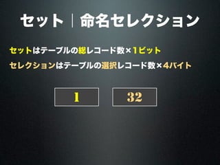 セット｜命名セレクション
セットはテーブルの総レコード数×1ビット
セレクションはテーブルの選択レコード数×4バイト
1 32
 