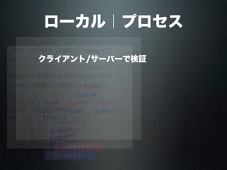 ローカル｜プロセス
QUERY ([顧客];[顧客]Category="A")
CREATE SET ([顧客];"$catA")
QUERY ([顧客];[顧客]Category#"A";*)
QUERY ([顧客];[顧客]Type="B")
CREATE SET ([顧客];"$typeB")
UNION ("$catA";"$typeB";"$result")
USE SET ("$result")
CLEAR SET ("$result")
CLEAR SET ("$catA")
CLEAR SET ("$typeB")
ローカルセット
QUERY ([顧客];[顧客]Category="A")
CREATE SET ([顧客];"catA")
QUERY ([顧客];[顧客]Category#"A";*)
QUERY ([顧客];[顧客]Type="B")
CREATE SET ([顧客];"typeB")
UNION ("catA";"typeB";"result")
USE SET ("result")
CLEAR SET ("result")
CLEAR SET ("catA")
CLEAR SET ("typeB")
プロセスセット
クライアント/サーバーで検証
 