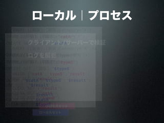 ローカル｜プロセス
QUERY ([顧客];[顧客]Category="A")
CREATE SET ([顧客];"$catA")
QUERY ([顧客];[顧客]Category#"A";*)
QUERY ([顧客];[顧客]Type="B")
CREATE SET ([顧客];"$typeB")
UNION ("$catA";"$typeB";"$result")
USE SET ("$result")
CLEAR SET ("$result")
CLEAR SET ("$catA")
CLEAR SET ("$typeB")
ローカルセット
QUERY ([顧客];[顧客]Category="A")
CREATE SET ([顧客];"catA")
QUERY ([顧客];[顧客]Category#"A";*)
QUERY ([顧客];[顧客]Type="B")
CREATE SET ([顧客];"typeB")
UNION ("catA";"typeB";"result")
USE SET ("result")
CLEAR SET ("result")
CLEAR SET ("catA")
CLEAR SET ("typeB")
プロセスセット
クライアント/サーバーで検証
ログを解析
 