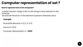 25
Computer representation of set ?
How to represent sets in the computer?
A better solution: Assign a bit in a bit string to each element in the
universal
set and set the bit to 1 if the element is present otherwise use 0
Example:
All possible elements: U={1, 2, 3, 4, 5}
Assume A={2,5}
Computer representation: A = 01001
 