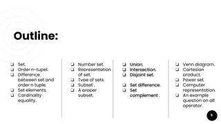 Outline:
❏ Set.
❏ Order n-tupel.
❏ Difference
between set and
order n tuple.
❏ Set elements.
❏ Cardinality
equality.
❏ Number set.
❏ Representation
of set.
❏ Type of sets.
❏ Subset .
❏ A proper
subset.
❏ Union.
❏ Intersection.
❏ Disjoint set.
❏ Set difference.
❏ Set
complement .
❏ Venn diagram.
❏ Cartesian
product.
❏ Power set.
❏ Computer
representation.
❏ An example
question on all
operator.
5
5
 